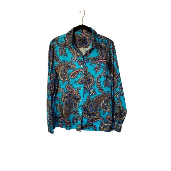 Talbots women’s blue Paisley all over print button up Blouse size MP - Picture 1 of 4